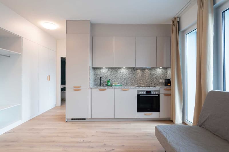 Modern kitchen with white cabinets, granite countertop, built-in oven and dishwasher, hardwood flooring, and large window providing natural light