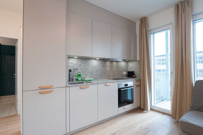 Modern kitchen with white cabinets, granite countertop, built-in oven, and dishwasher. Large window providing natural light.