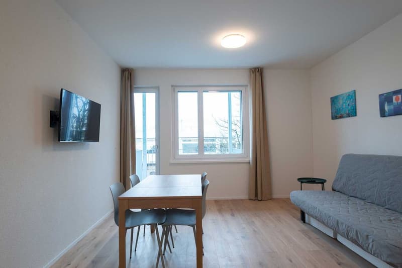 Spacious living room with large windows, hardwood floors, dining table, chairs, sofa, and wall-mounted TV.