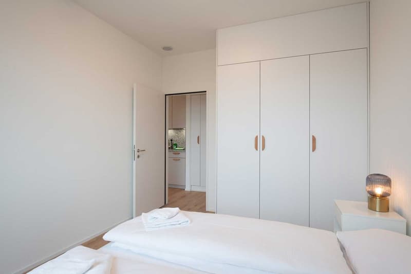 Spacious bedroom with white walls, hardwood floors, large built-in wardrobe, and a small kitchenette area with a dishwasher visible.