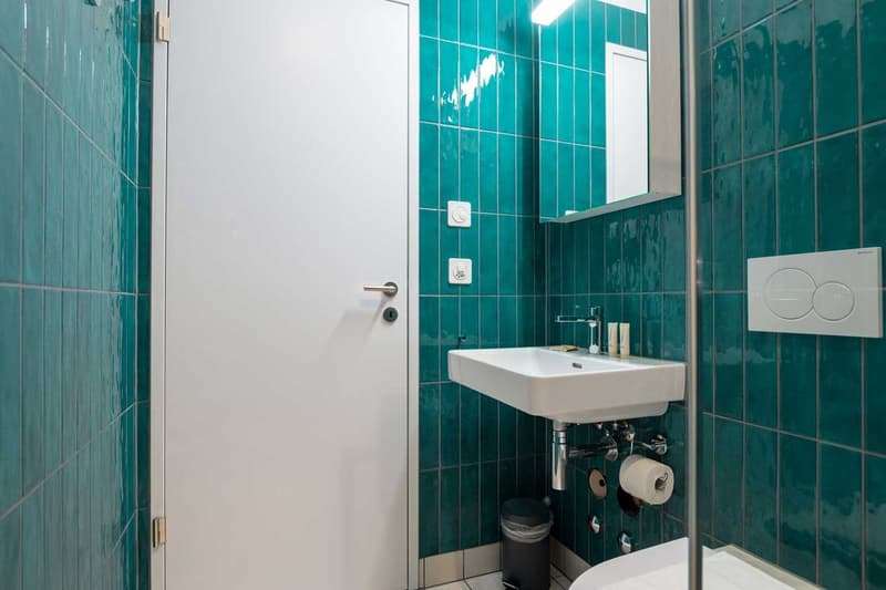 The image shows a bathroom with teal-colored tiles covering the walls. There is a white door, a white sink with a faucet, and a toilet paper holder visible. The bathroom appears to be clean and well-maintained.