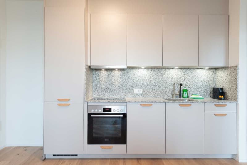 Modern kitchen with white cabinets, granite countertop, built-in oven, and dishwasher