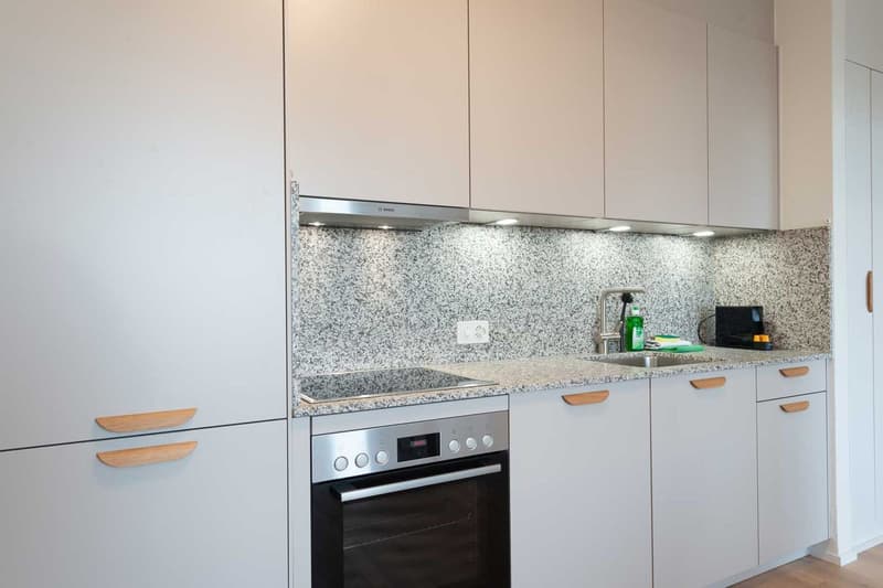Modern kitchen with white cabinets, granite countertop, built-in oven, and dishwasher