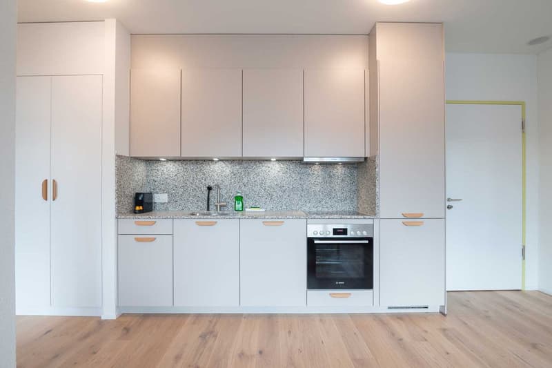 Modern kitchen with white cabinets, granite countertop, built-in oven, and hardwood flooring