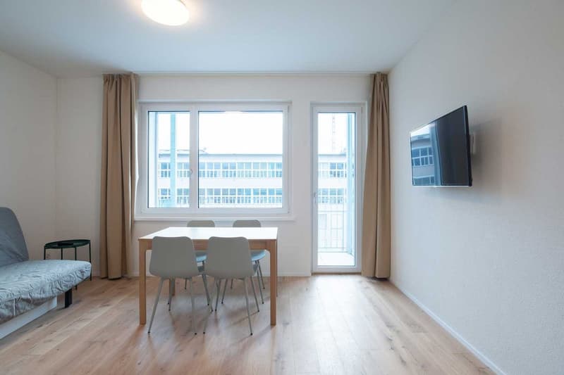 The image shows a modern and bright apartment interior. The room has large windows that provide ample natural light, and the walls are painted in a neutral color. The floor is made of hardwood, and there is a dining table with chairs in the center of the