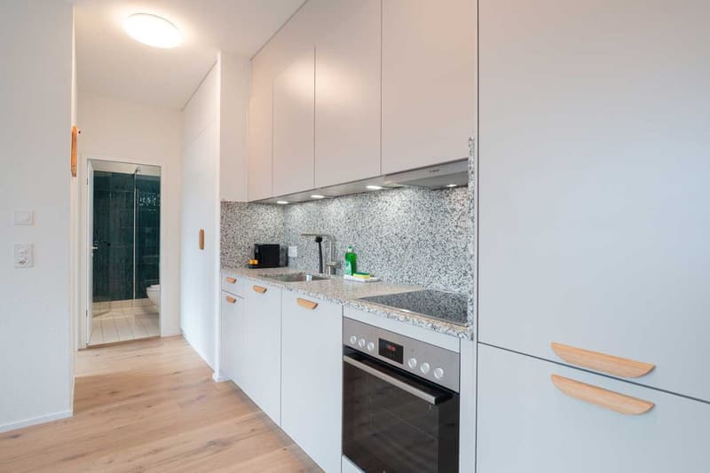Modern kitchen with white cabinets, granite countertops, built-in oven and dishwasher, and a tiled backsplash
