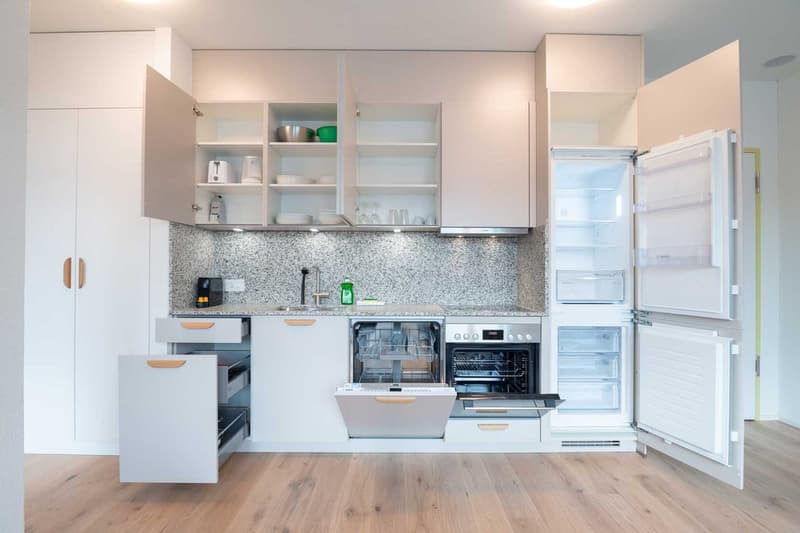 Modern, white kitchen with granite countertops, built-in appliances including a dishwasher and refrigerator, and ample cabinet and shelf space for storage.