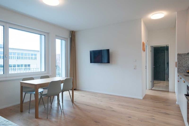 Spacious open-plan living area with large windows, hardwood floors, dining table with chairs, and a mounted TV on the wall. The apartment also has a balcony or terrace visible through the windows.