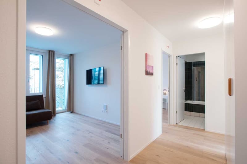 The image shows a modern and bright apartment interior. The living room has large windows, hardwood floors, and a TV mounted on the wall. The hallway leads to a bathroom with a tiled floor. The apartment appears to have a balcony or terrace accessible fro