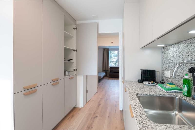 Modern kitchen with white cabinets, granite countertops, hardwood floors, and a dishwasher visible