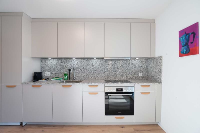 Modern kitchen with white cabinets, granite countertop, built-in oven, and a colorful artwork on the wall