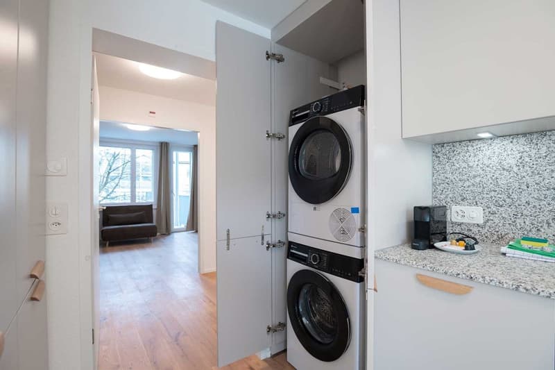 Open-concept living space with hardwood floors, large windows, and a stacked washer and dryer unit in the kitchen area. The kitchen features granite countertops and built-in appliances.