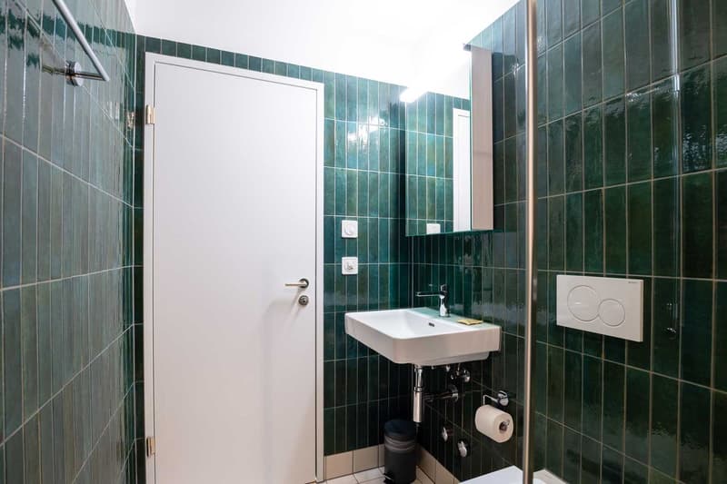 The image shows a modern bathroom with green tiled walls, a white door, a white sink, and a flush toilet. The bathroom appears to be well-lit and clean.