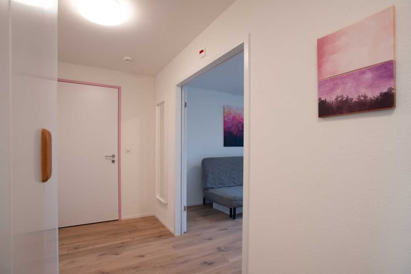 Hallway with white walls, hardwood floors, and a doorway leading to a bedroom with a gray sofa. There is also a piece of artwork on the wall.