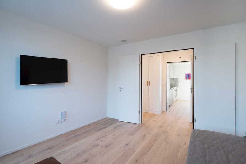 Spacious bedroom with hardwood flooring, white walls, large flat-screen TV mounted on the wall, and a closet door visible in the background.