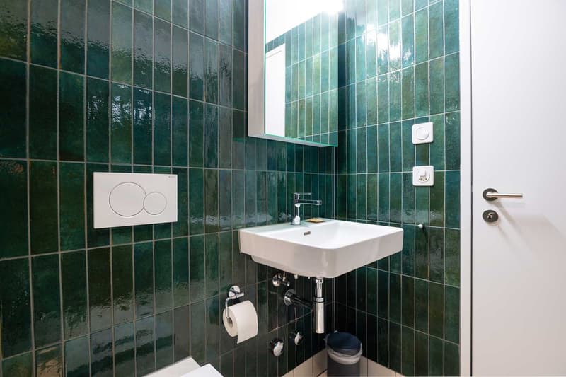The image shows a modern bathroom with green tiled walls, a white rectangular sink, a toilet flush button, and a toilet paper holder. The bathroom appears to have a minimalist and clean design.