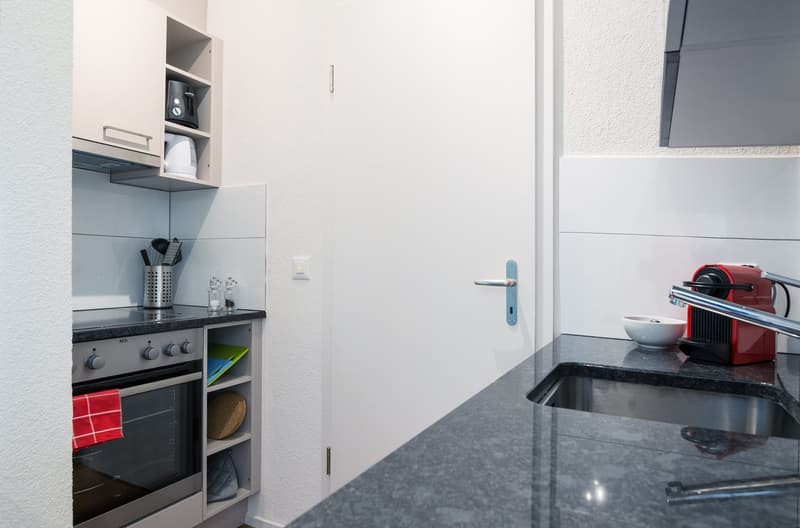 Compact kitchen with built-in appliances, including a stove and dishwasher, along with storage cabinets and shelves. The countertop appears to be made of dark granite or similar material.