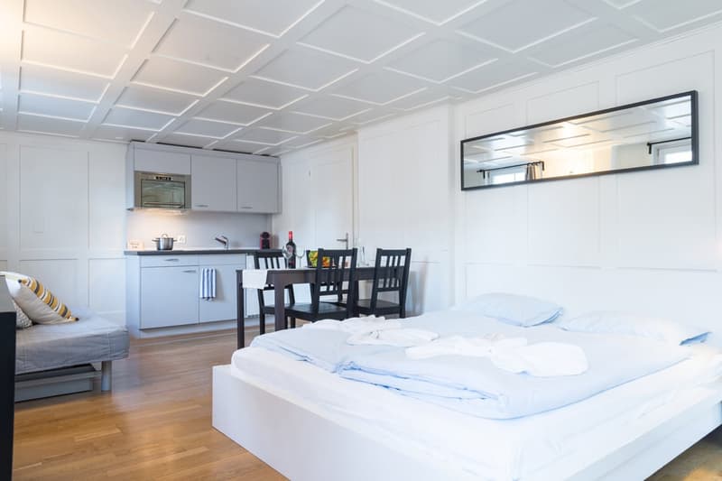 Open-plan studio apartment with a kitchenette, dining area, and sleeping area. The room has white walls, a tiled ceiling, and hardwood floors. The kitchenette features gray cabinets and a dishwasher. The dining area has a wooden table and chairs. The slee