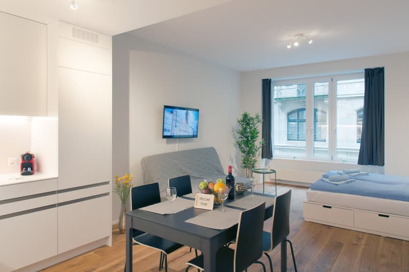 Open-plan studio apartment with living, dining, and sleeping areas. Large windows, hardwood floors, white walls, modern furniture including a sofa, dining table with chairs, and a TV mounted on the wall. The apartment also has a kitchenette and a balcony
