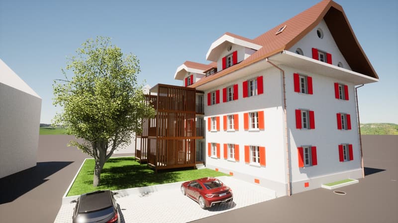 3 story house, white exterior, red shutters, wooden balcony, parking place