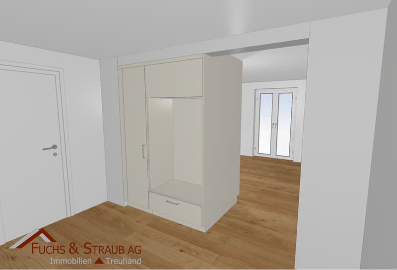 empty room with a large wardrobe, wooden floor, white walls, door, and a window