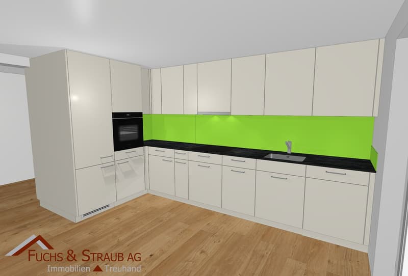 kitchen with white cabinets, green backsplash, black countertops, sink, oven, wooden floor