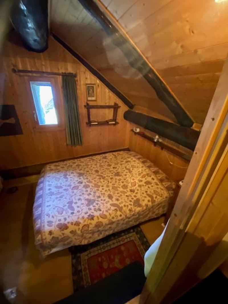 A small cozy bedroom with a bed, a rug, and a window. The walls are wooden, and the ceiling is sloped.