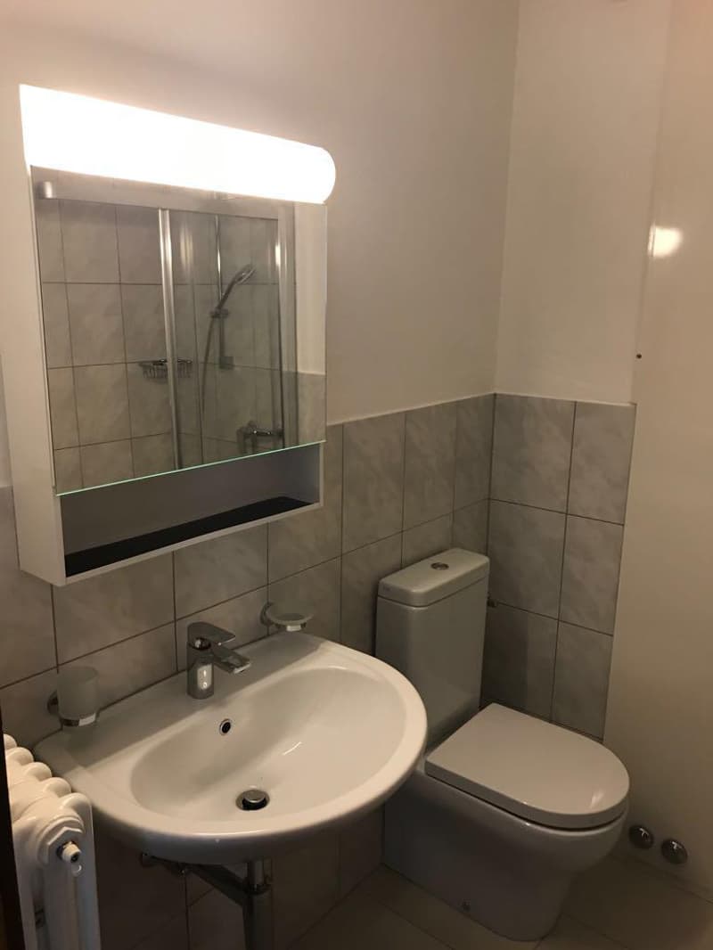 modern bathroom with a toilet, a sink, a mirror with a light above it, and a shower enclosure
