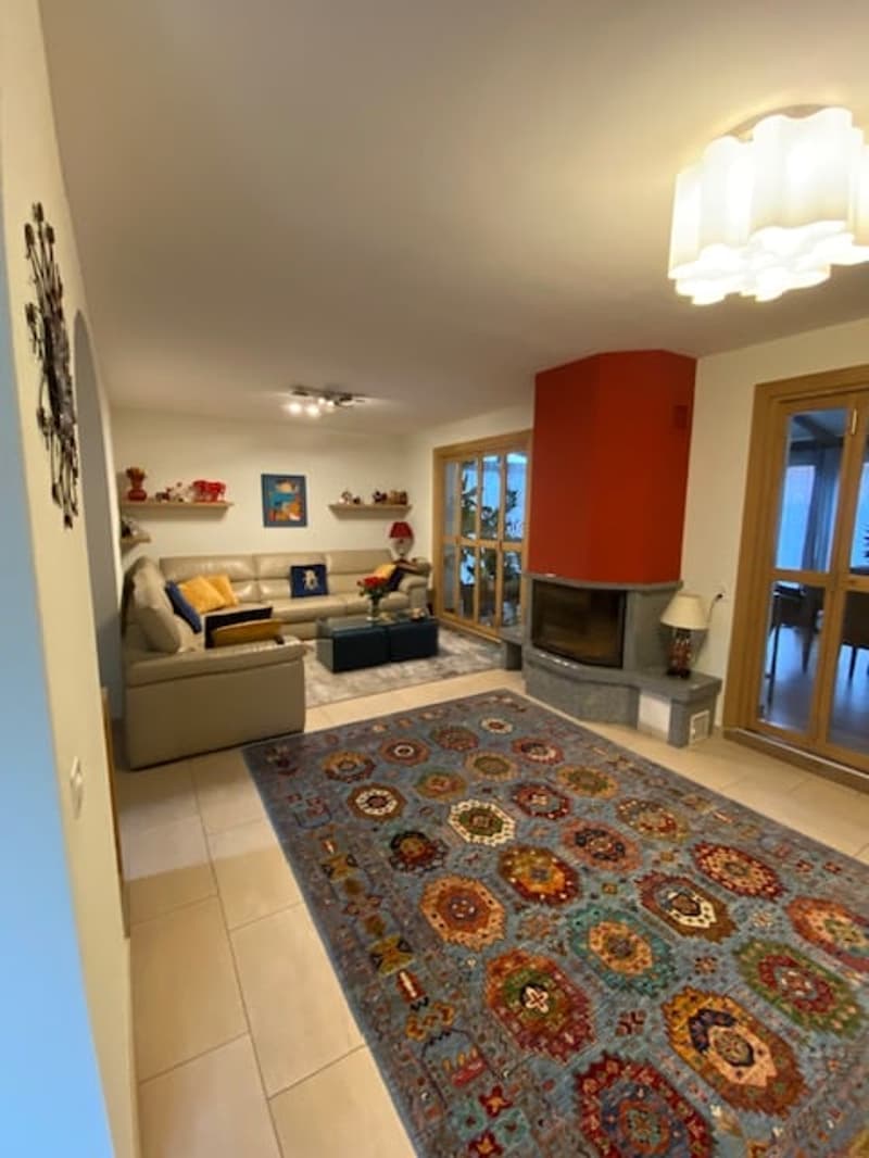 Leather sofa, coffee table, rug, fireplace, lamps, TV