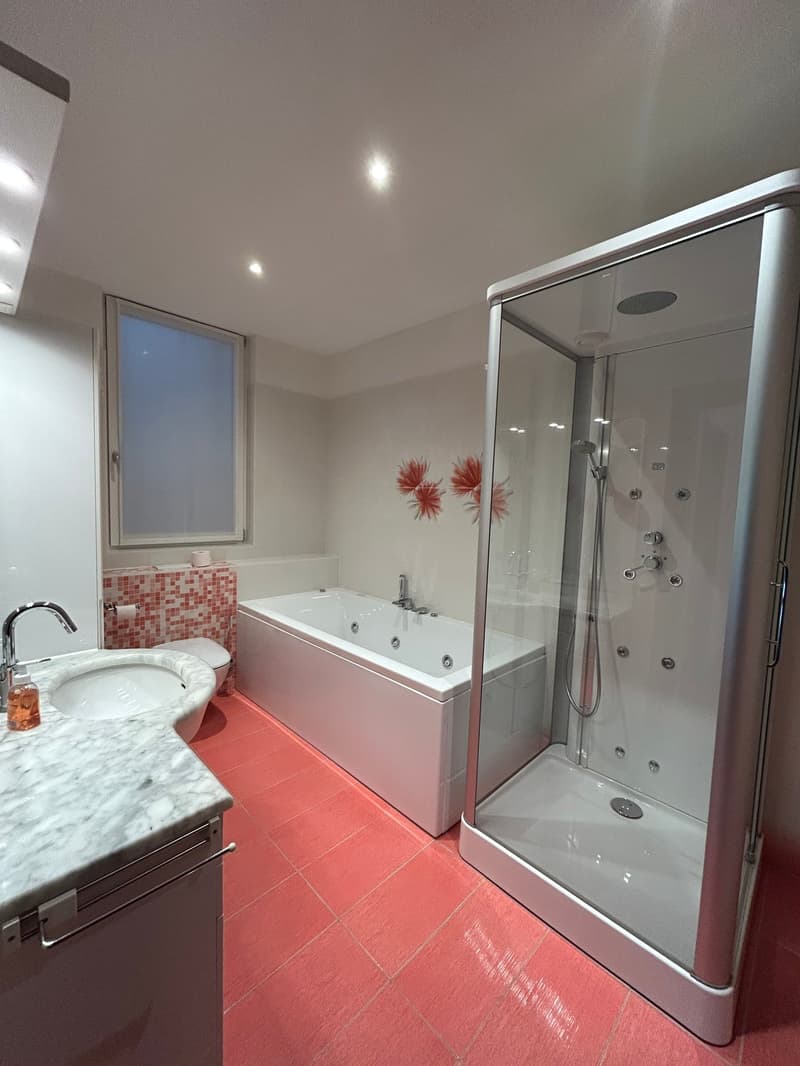 The image shows a modern bathroom with a large bathtub, a glass-enclosed shower stall, and a vanity with a marble countertop. The walls are painted in a light color, and the floor is covered with red tiles. The bathroom also features recessed lighting and