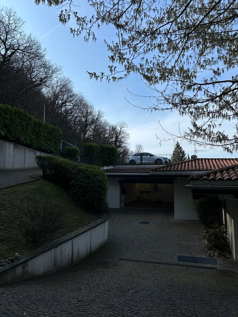 The image shows a residential building with a tiled roof, surrounded by trees and shrubs. There is a garage visible on the side of the building. The driveway leading to the building is paved with cobblestones.
