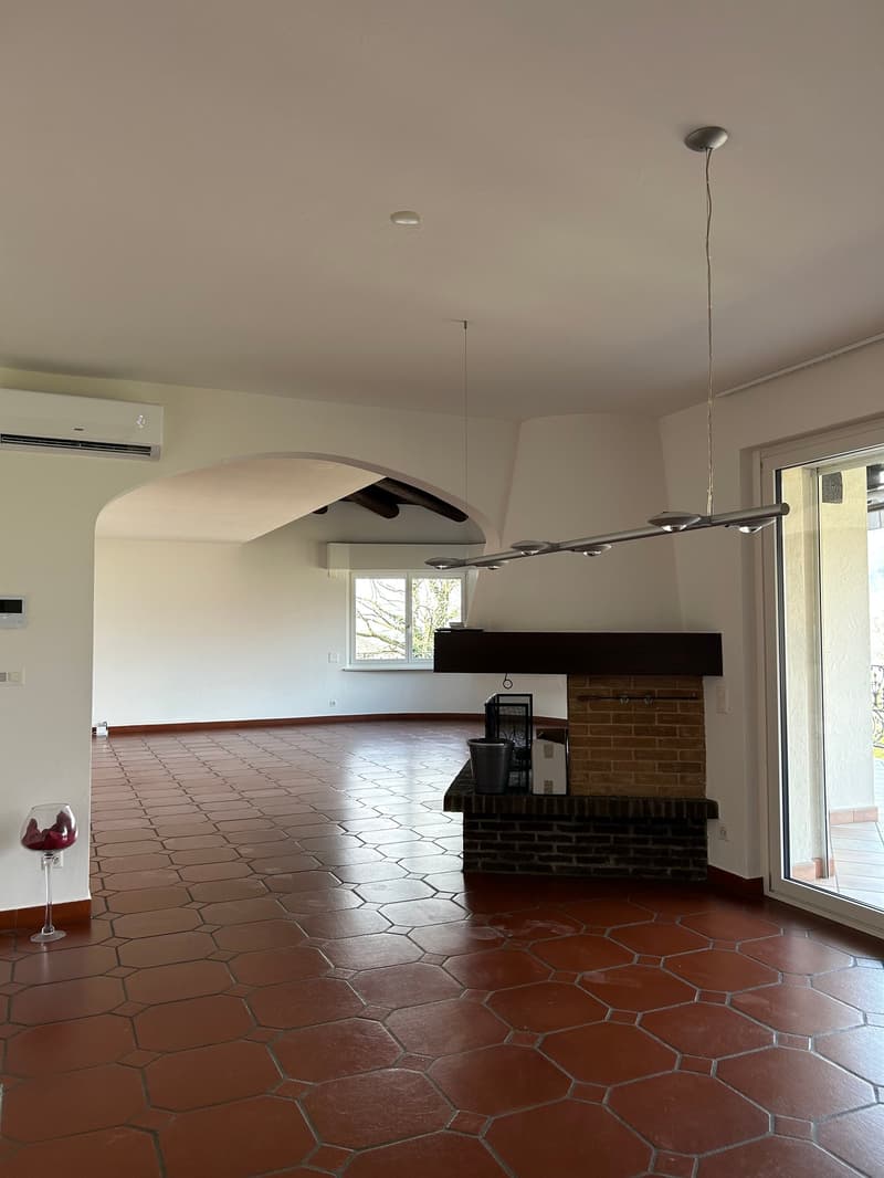 Spacious living room with terracotta tile flooring, a brick fireplace, and a modern pendant light fixture. The room has large windows providing natural light and an open layout.