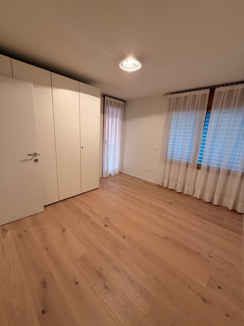 Empty room, light colored wood floor, white walls, two large windows, closet, overhead light