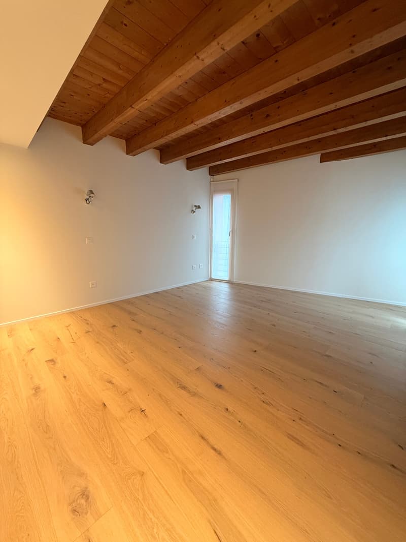 large room, wooden ceiling, wooden floor, white walls, large window, no furniture