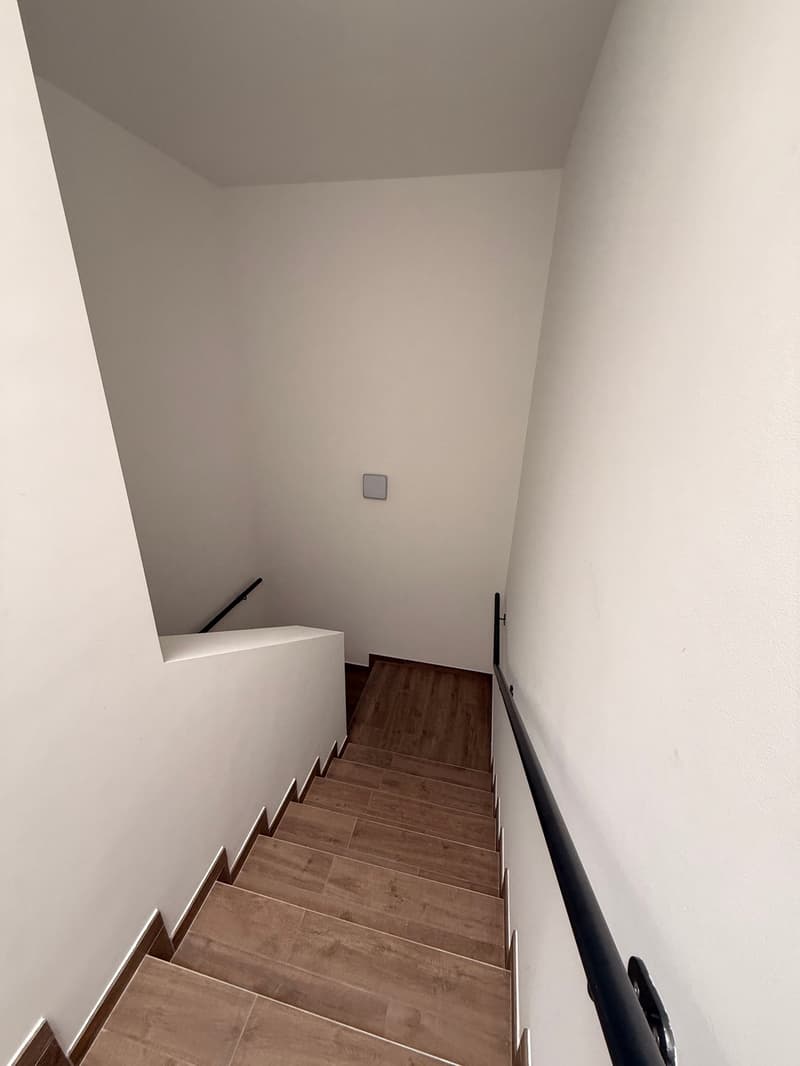 interior staircase with white walls, black railings, brown wooden steps, white ceiling