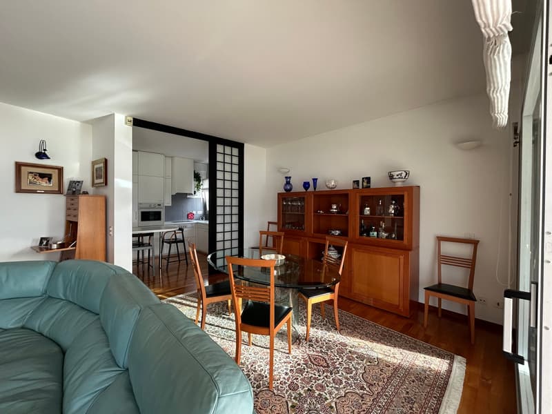 Dining room with a glass table, wooden chairs, wooden cabinet, rug, couch, kitchen in the background