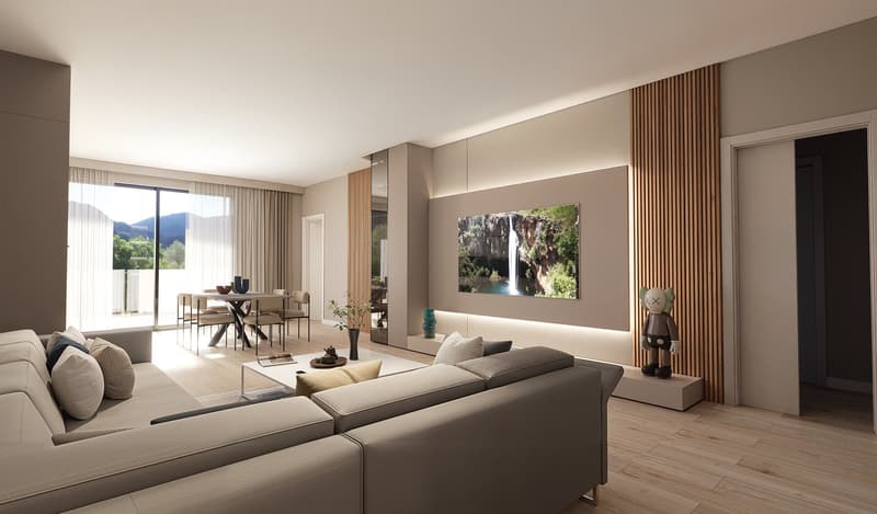 a modern and spacious living room with a terrace, wooden flooring, built-in shelving, a cozy seating area, a dining table with chairs, a large decorative TV screen, a table with a plant, a vase, and a coffee table with magazines