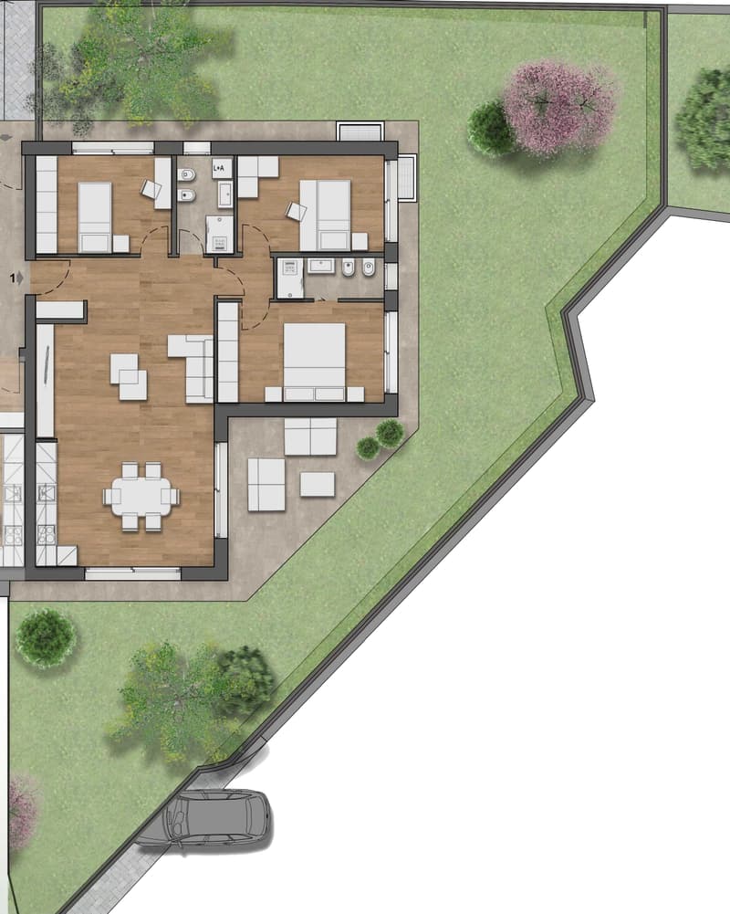 floor plan with living room, dining room, kitchen, 3 bedrooms, terrace, and parking area