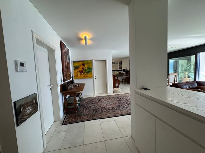 clean entrance hallway with a tile floor, white doors, paintings, a rug, a couch in the living room