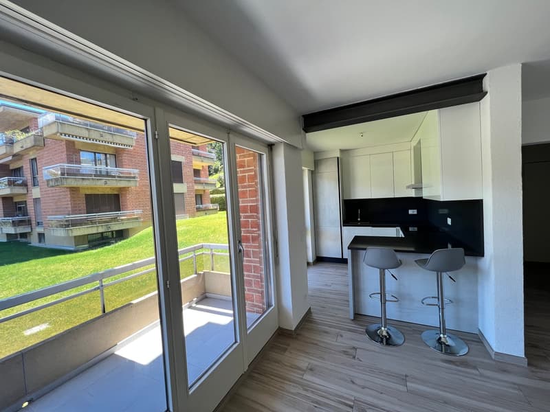 Open kitchen, balcony, large windows, wooden floor, bar stools, white cabinets, black countertops