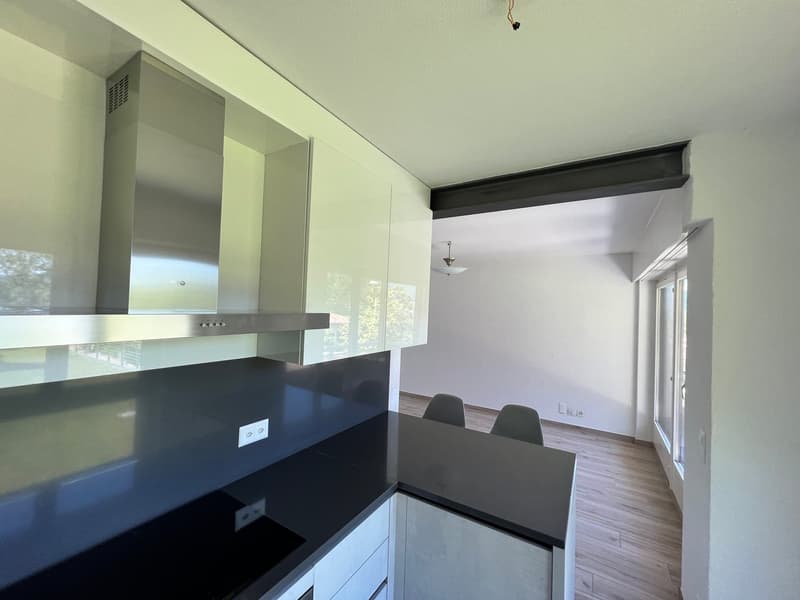 modern kitchen with black countertops, stainless steel appliances, white cabinets, wooden floor, large windows