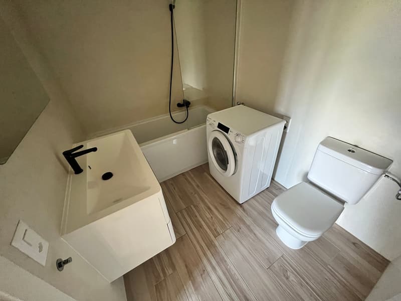 Bathroom with bathtub, sink, toilet, washing machine, wooden floor, white walls