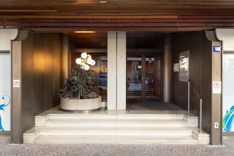 modern building entrance with marble steps, decorative plant, and a lamp