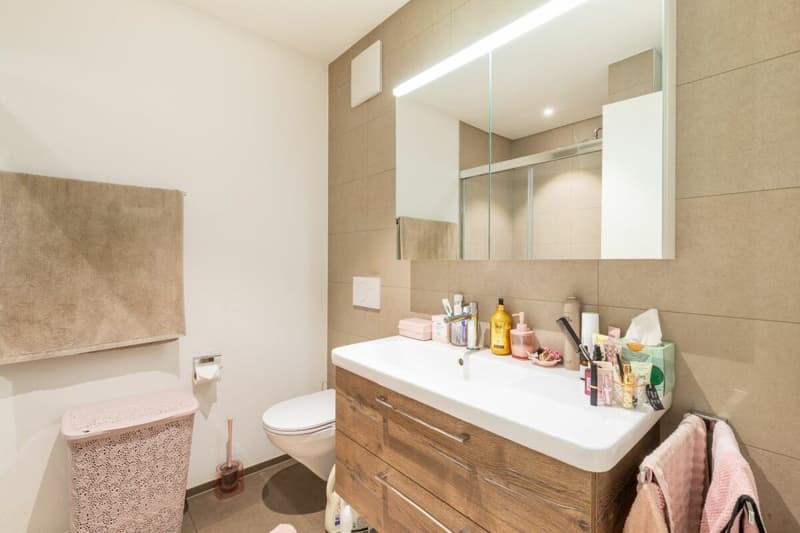 Badezimmer mit Dusche, Lavabo, WC und Waschturm