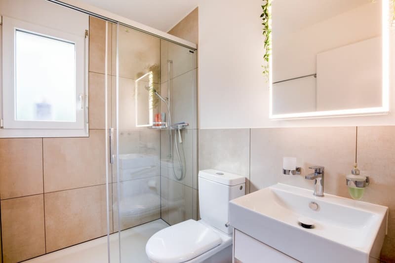 Moderne Nasszelle mit Dusche, Lavabo und WC
