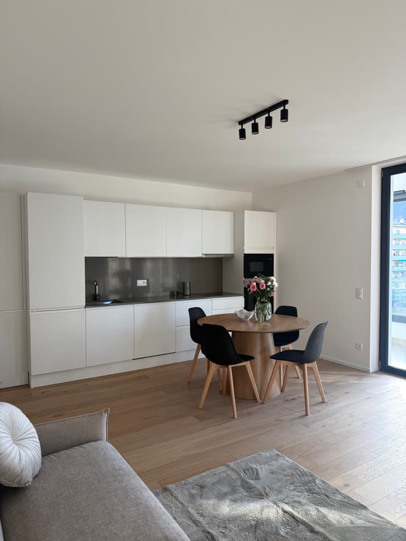 modern kitchen, dining table, wooden floor, open space, white cabinets, black chairs, window, sofa