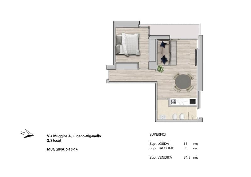 Living room, dining area, sleeping area, kitchen, bathroom, balcony
