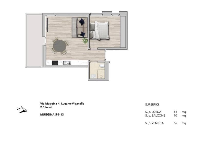 Living room with couch, dining table, balcony
