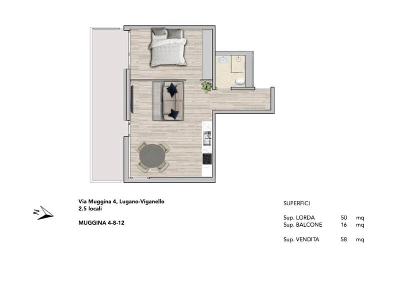 Living room, sleeping area, kitchen, bathroom, balcony