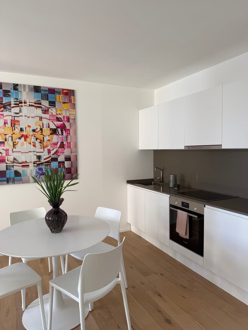 kitchen with dining area, modern design, white cabinets, wooden floors, round dining table, integrated oven and stove, modern artwork